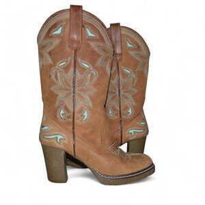 Roper Heeled Leather Western Boots Womens Size 7.5 Turquoise Floral Embroidered